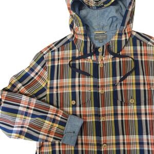 LL Bean Signature Shirt Jacket Mens Lg Multicolor Plaid Hooded Slim Fit Cotton